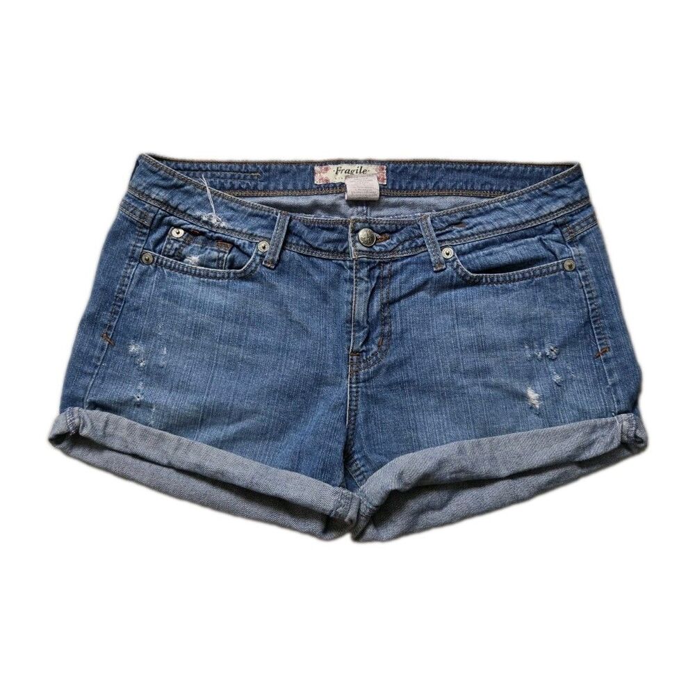 Fragile Jeans Distressed Denim Shorts Cuffed Rolled Hem Medium Wash Womens Sz 13